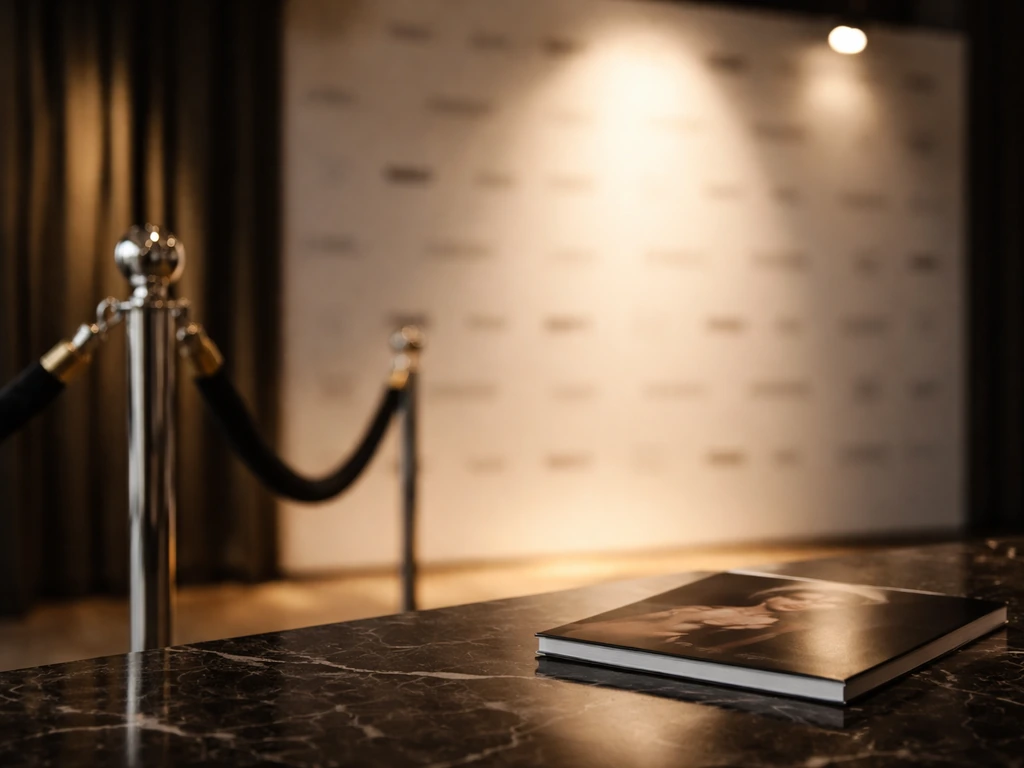 Empty luxury media press setup with stanchion ropes and a blurred branded backdrop.