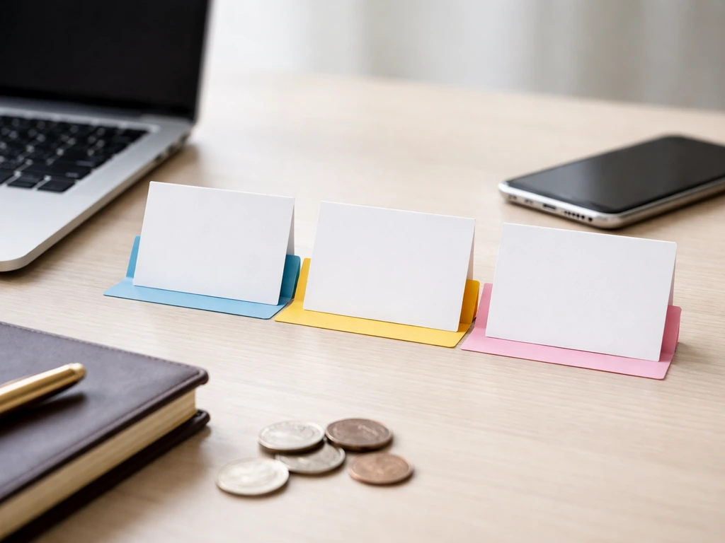 Minimal desk scene with colored folders and blank cards beside laptop and phone, suggesting conflicting online estimates