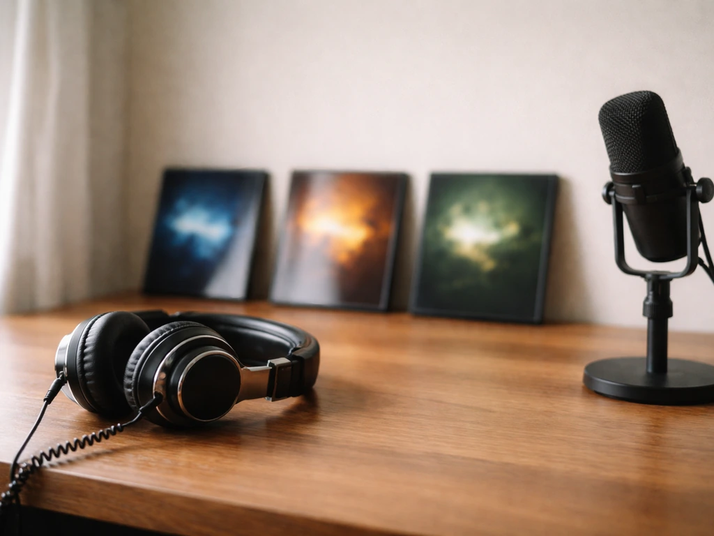Minimal studio desk with headphones and a microphone, abstract frames symbolizing different versions.