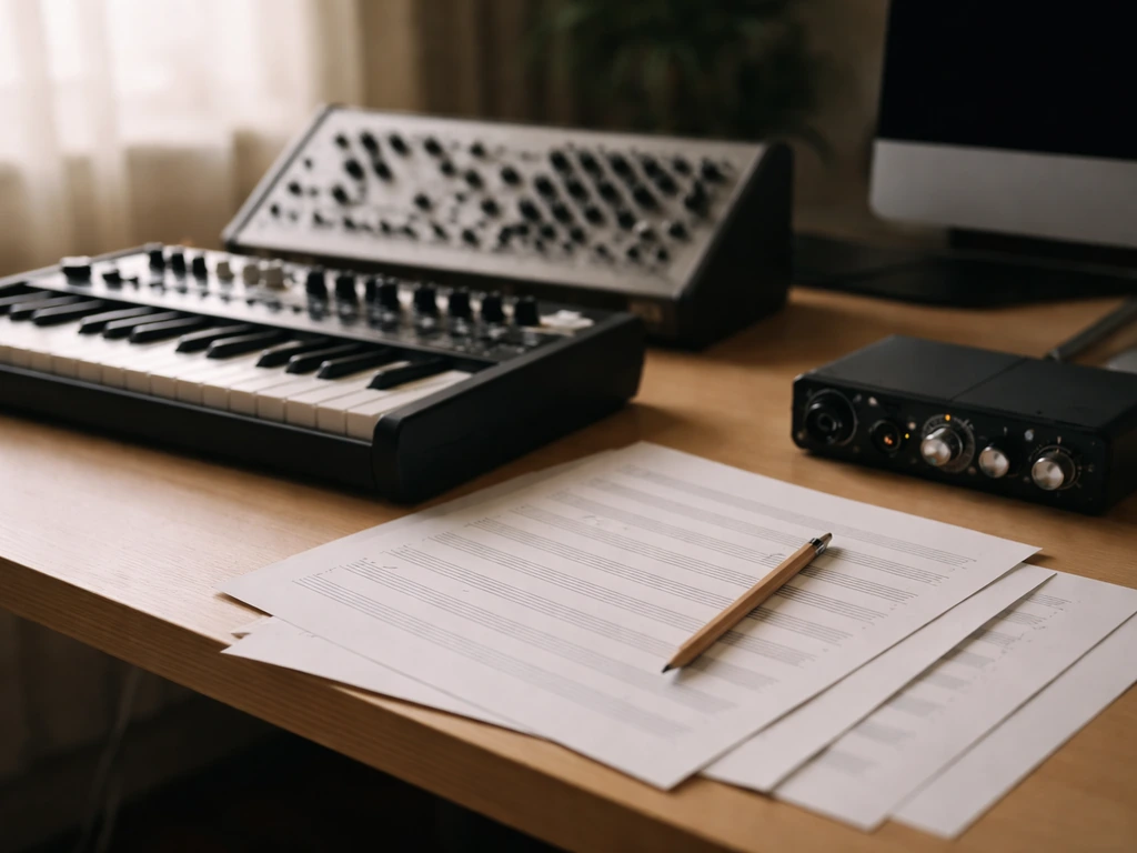 Minimal music studio scene with synthesizers and sheet music, symbolizing royalty-driven composition