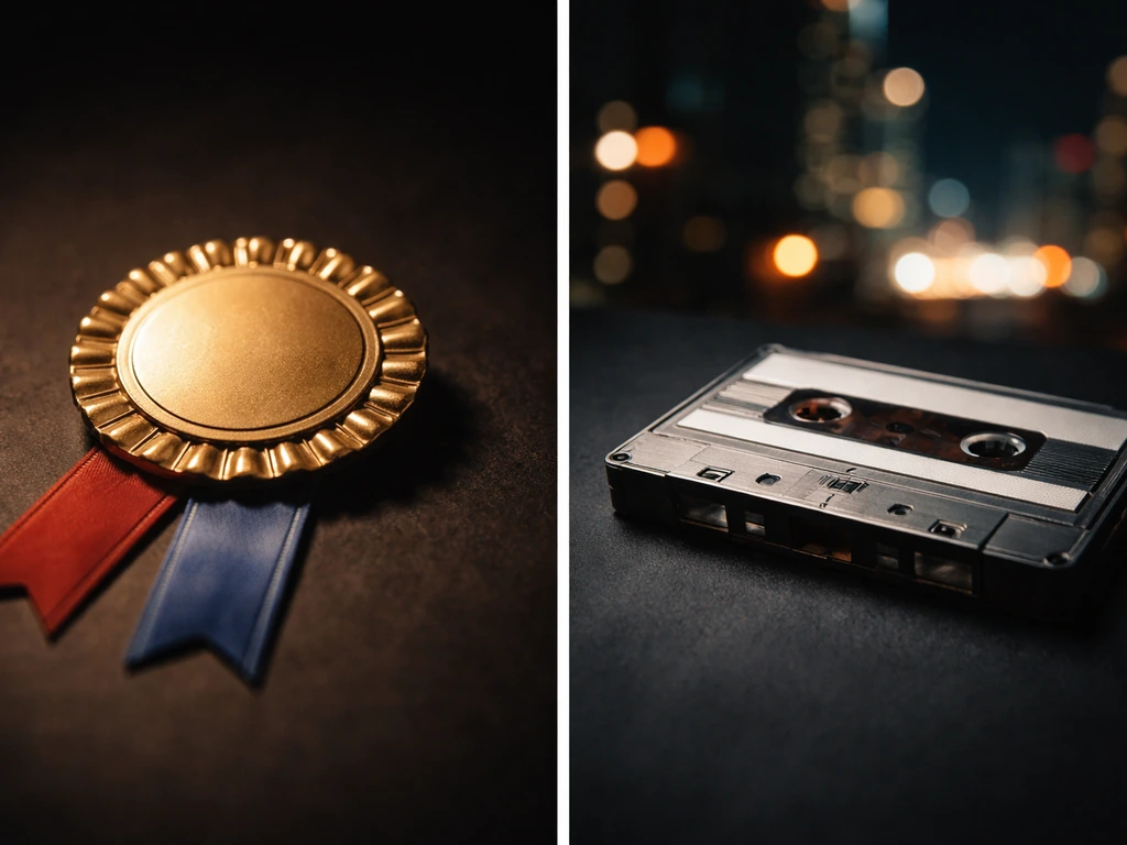 Two side-by-side closeups: a vintage gold award ribbon and a cassette tape with a moody city skyline backdrop.