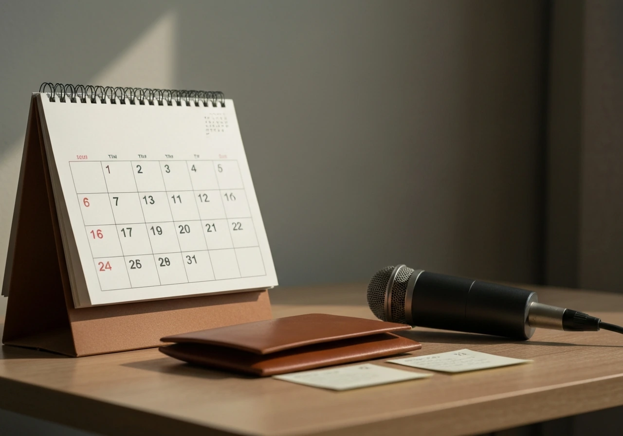 Minimal timeline-style scene with a desk calendar, cash envelope, and studio microphone in soft natural light