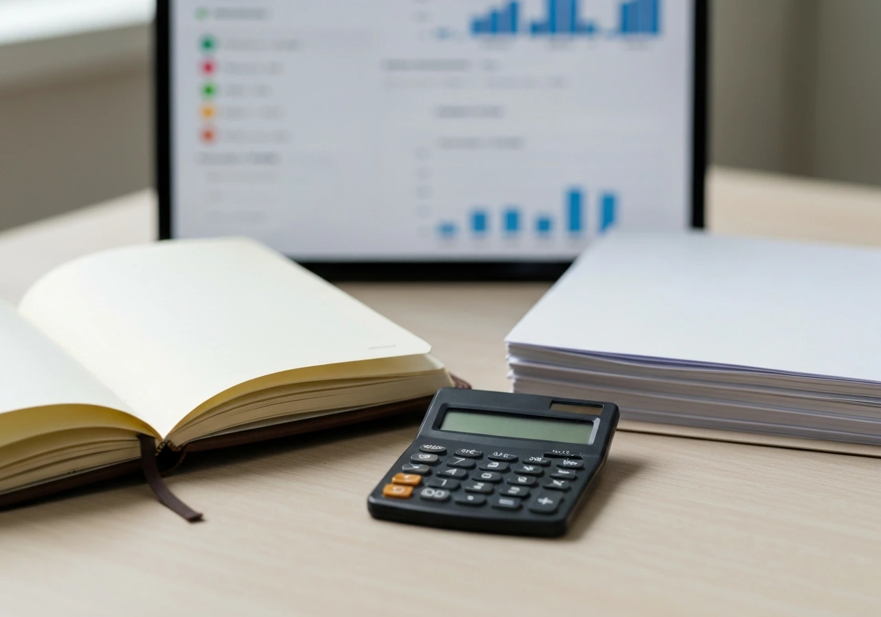 Minimal still life of investment-themed items: notebook, calculator, and blurred finance screen beside documents.