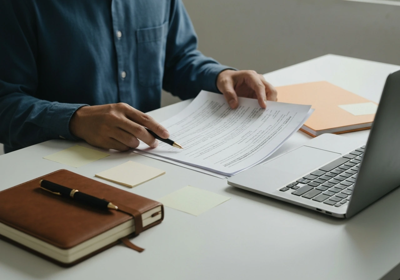Person reviewing documents beside a laptop with a checklist-style folder, symbolic of verifying an estimate