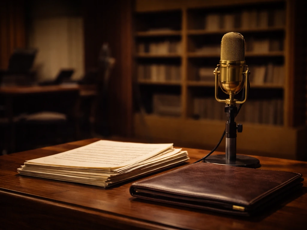Vintage recording studio desk with a brass microphone and leather portfolio symbolizing wealth valuation