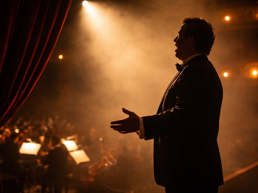 Spotlit opera stage with an anonymous singer mid-performance at a grand theater