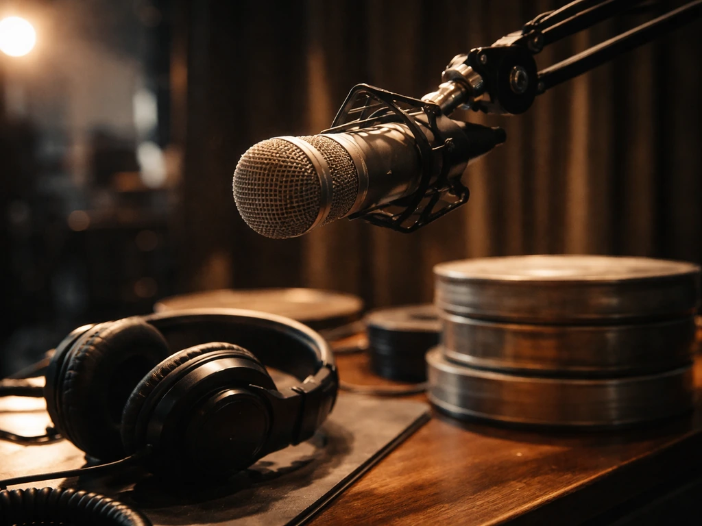 Vintage microphone beside headphones and blank film canisters in a minimal studio setting.