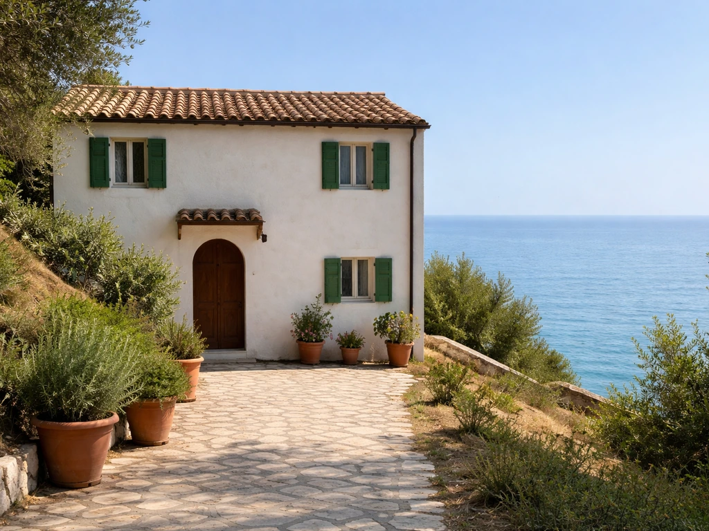 Sunlit Mediterranean seaside villa above calm blue water with a stone walkway and potted plants.