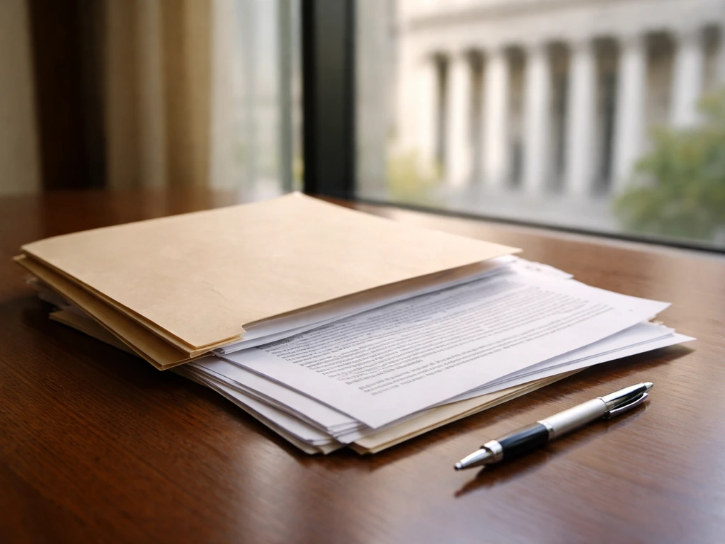 Manila estate document folder and legal papers on a desk with a blurred courthouse window view.