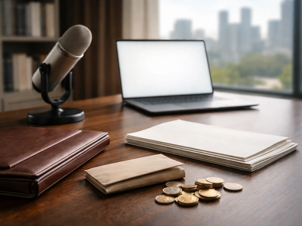 Minimal commodities trading desk with laptop, microphone, portfolio, coins, and soft city skyline backdrop.