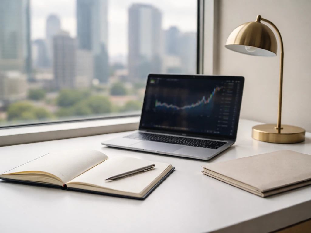 Minimal finance analyst desk with laptop and blurred market screen near a window and city buildings.