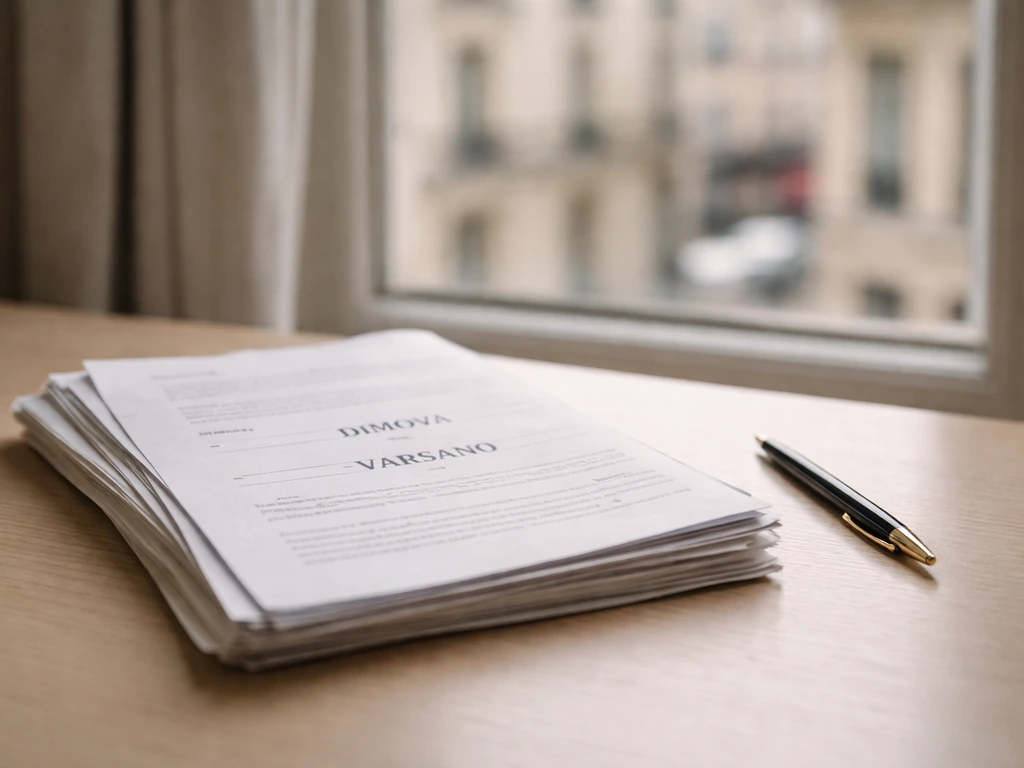 Paris corporate registry-style documents on a desk with the company names DIMOVA and VARSANO visible