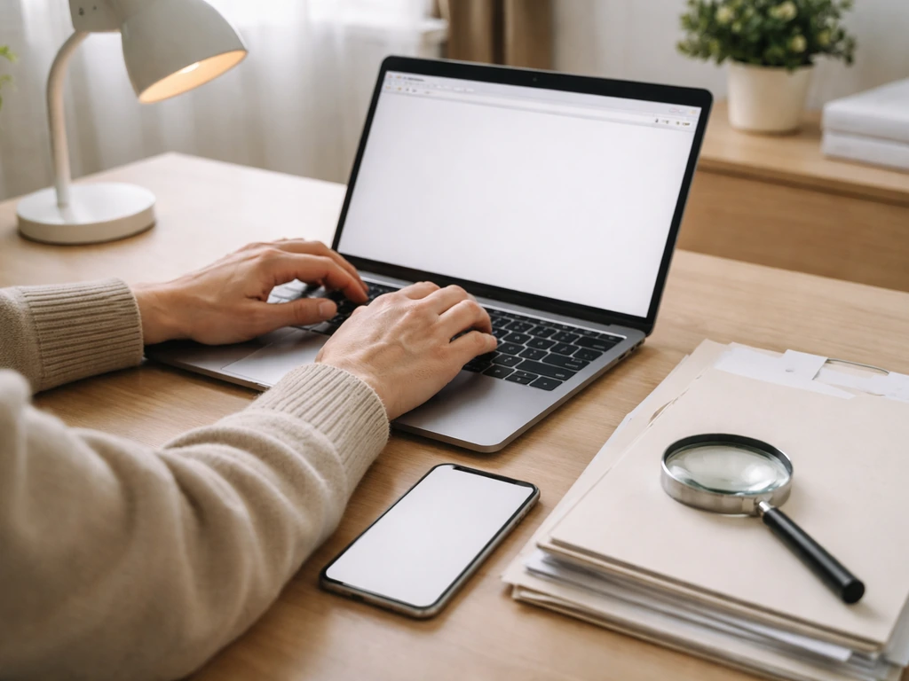 Anonymous hands reviewing documents beside a laptop and magnifying glass, suggesting corporate estimate verification.
