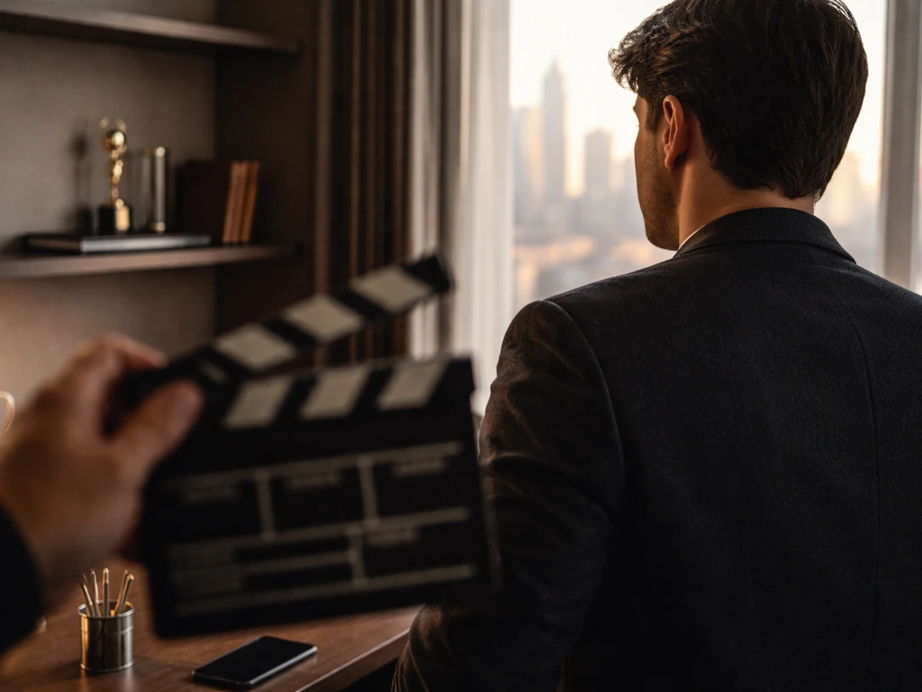 Anonymous studio-office scene with a clapperboard, leather portfolio, and city view suggesting career wealth analysis