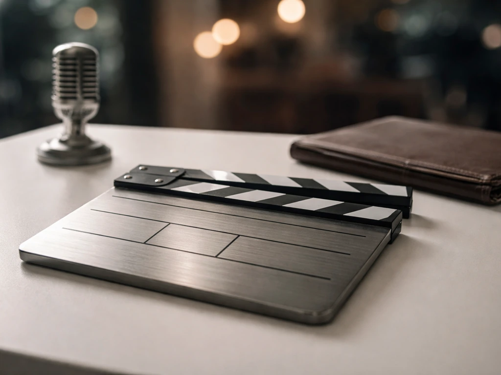 Shallow-depth photo of a studio desk with a clapperboard and microphone, symbolic of acting and media careers.