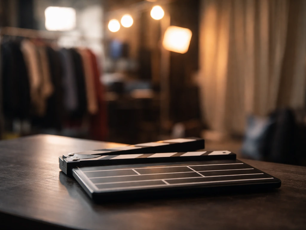 Minimal on-set scene with a film clapboard and studio lighting suggesting TV and acting income