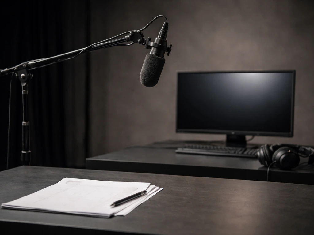 Minimal TV production scene with a studio monitor, boom mic, and softly lit editing workstation