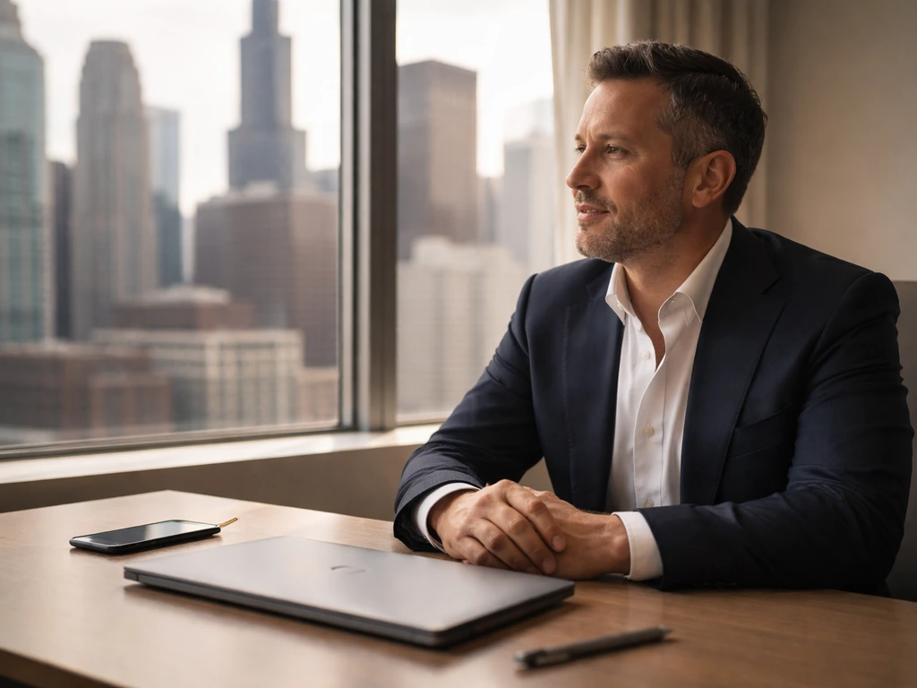 Eric Vassilatos lookalike in a Chicago business setting, seated at a desk with a laptop