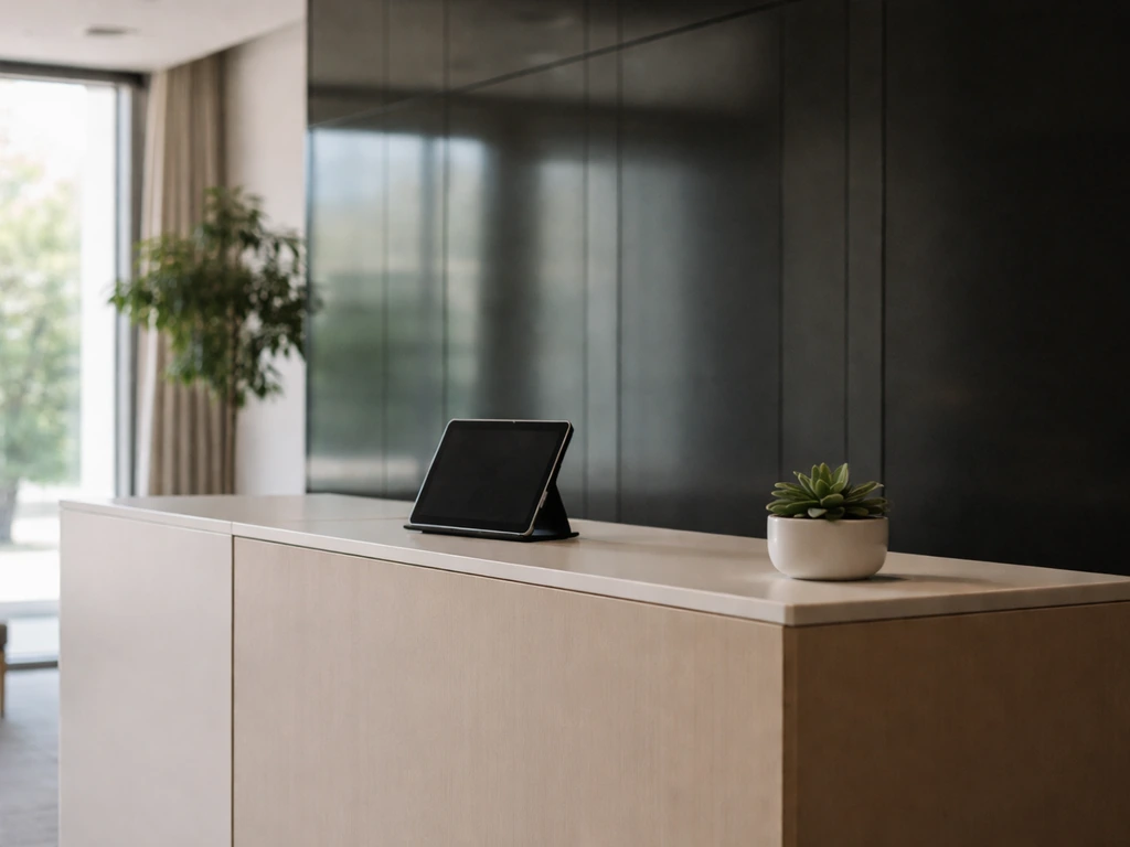 Minimal modern office lobby with a reception desk, tablet, and potted plant in natural light.