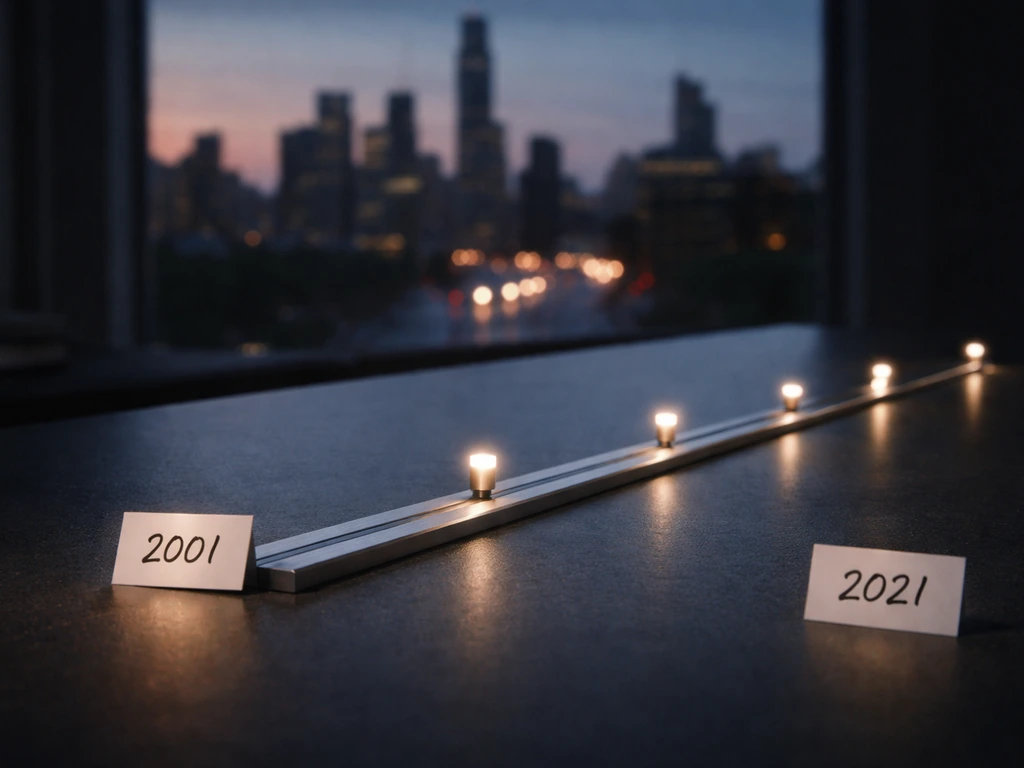 Minimal photo of a metal timeline with milestone markers, Chicago skyline blur, dusk lighting.