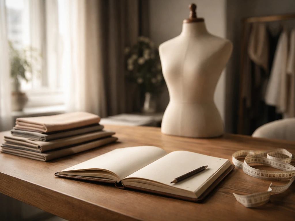 Minimal fashion studio scene with a mannequin and sketch materials symbolizing wealth and media credibility.