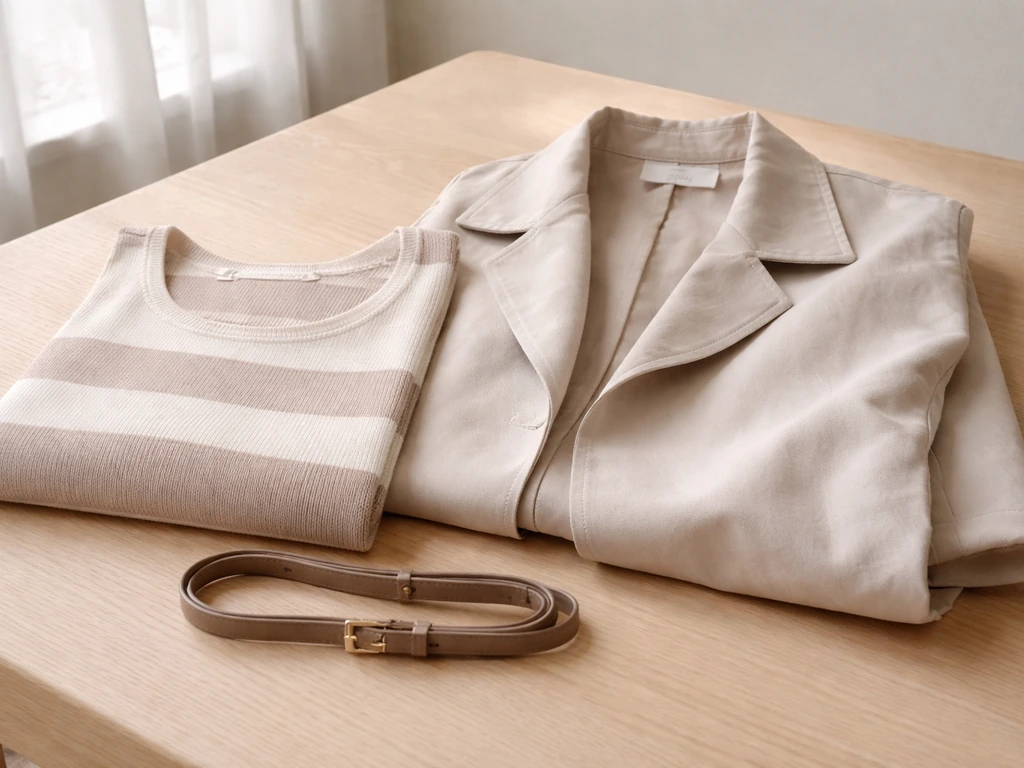 Close-up of neatly folded modern fashion garments and an accessory on a light wood table.