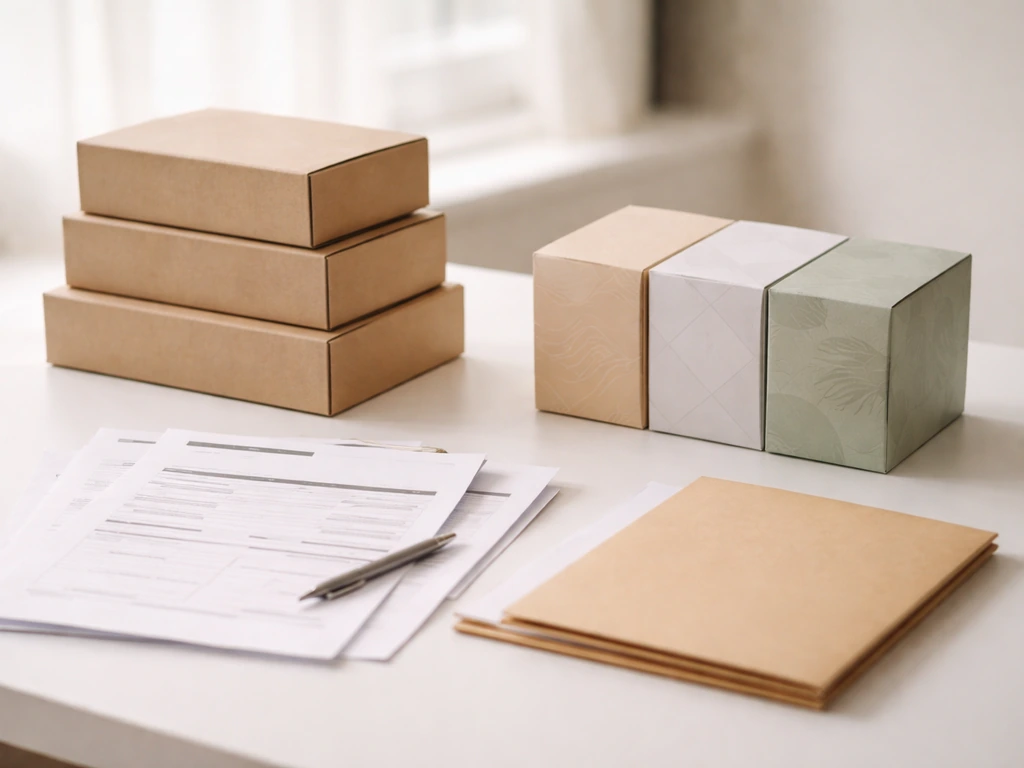 Minimal desk scene with generic product packaging and business paperwork suggesting trademark-backed documentation.