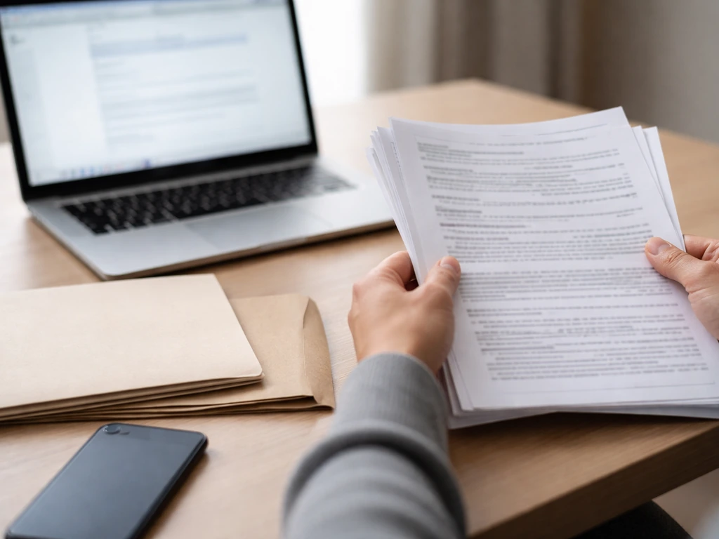 Hands on a desk with generic court record papers and a laptop showing a blurred public-records page.