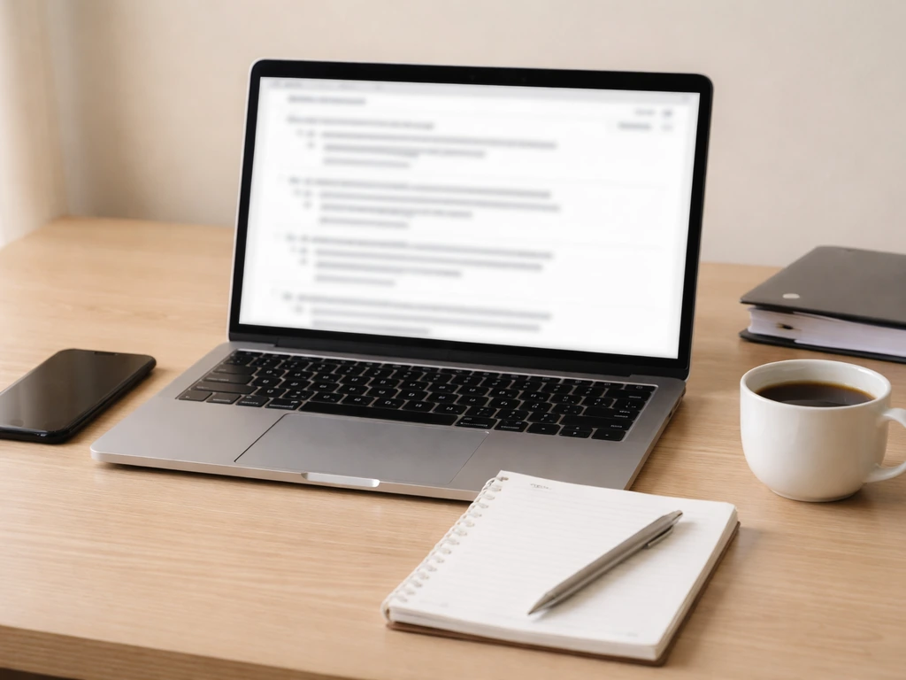 Minimal desk photo with laptop and phone suggesting a public-records search workflow, screen blurred.
