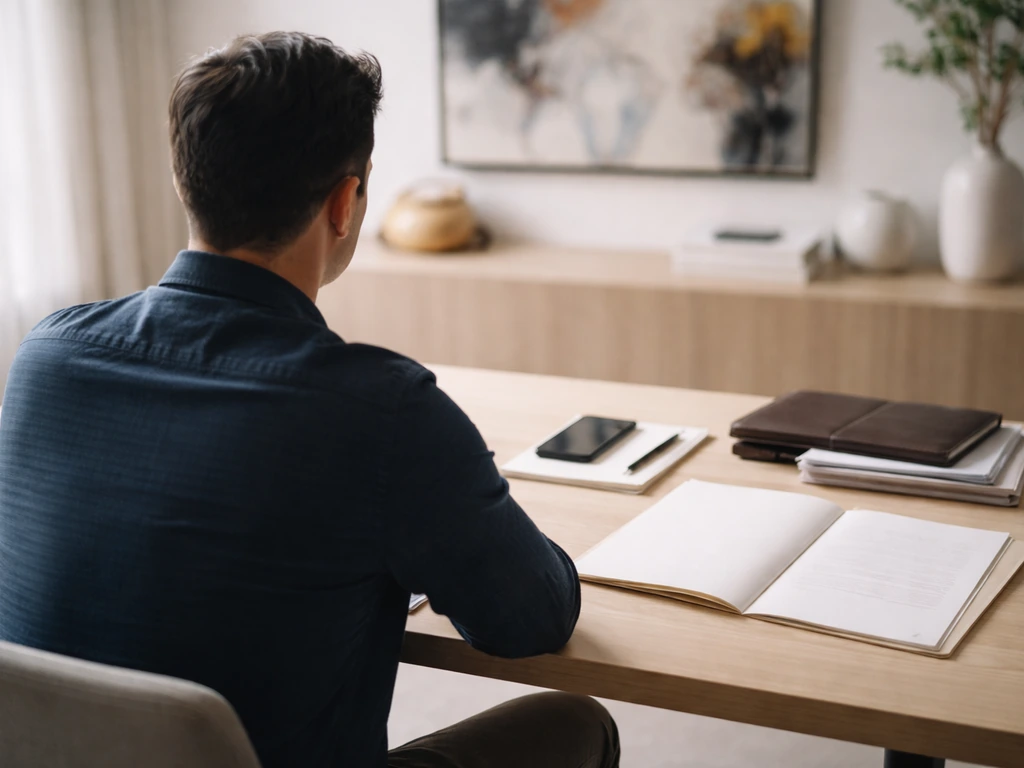 Minimal desk scene with a phone, notebook, and subtle luxury cues suggesting calculating a net worth estimate