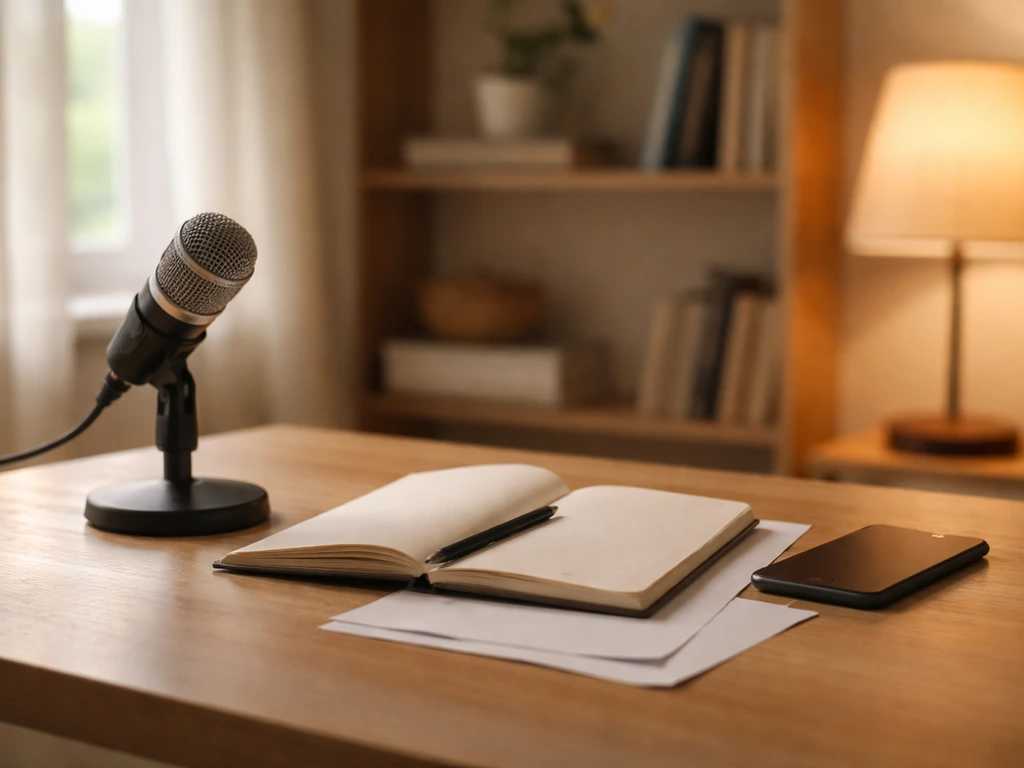 Minimal studio scene with a microphone and notes suggesting a creative founder profile without showing anyone’s face.
