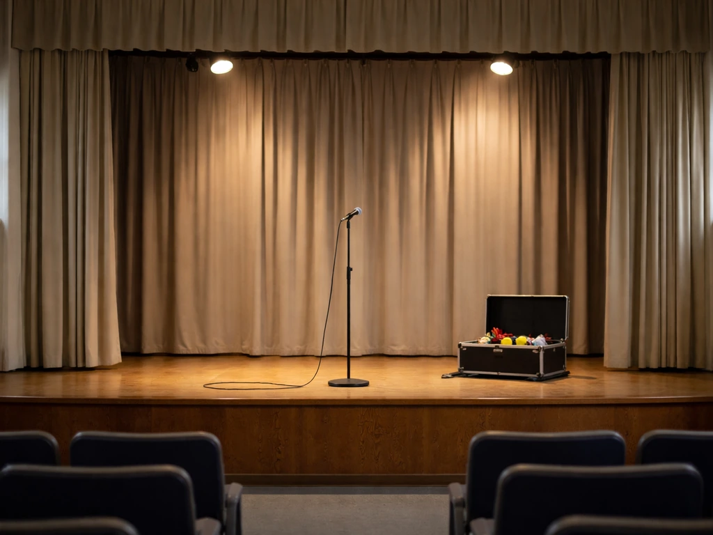 Empty school auditorium stage with a small performance setup and props ready for a 60-minute show