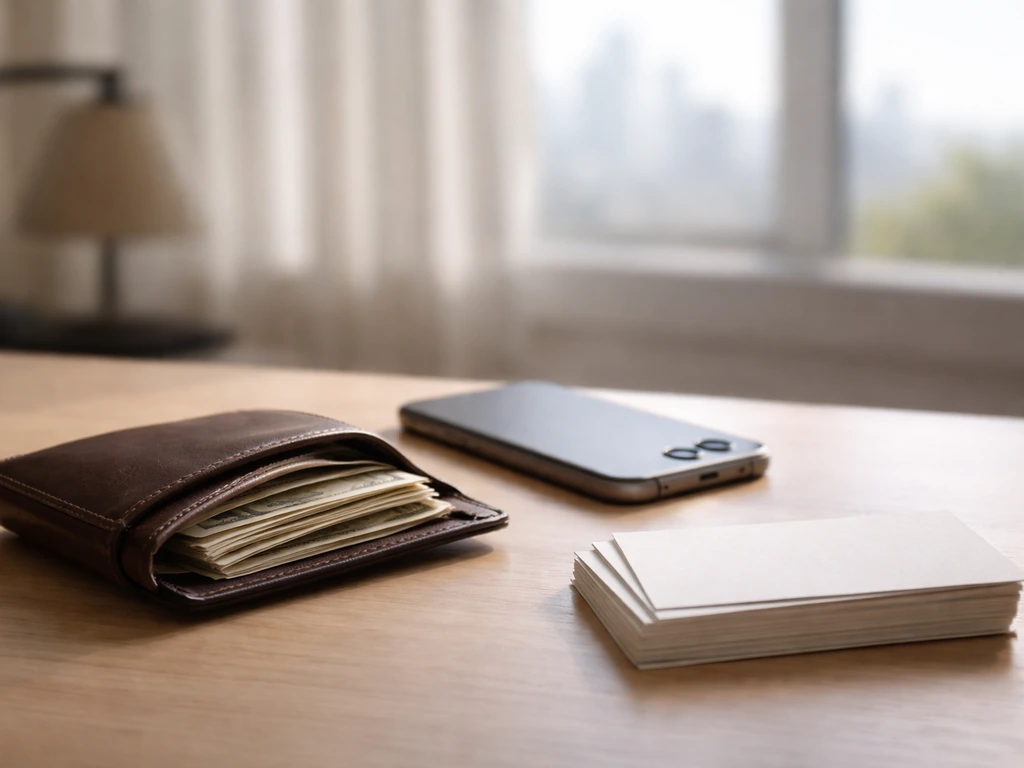 Minimal home-office tabletop scene with a wallet and folded bills near a phone, suggesting wealth planning.