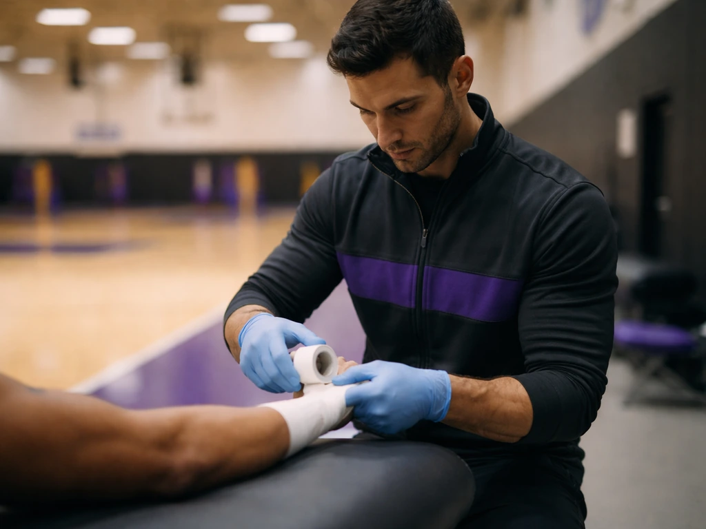 Anonymous sports medicine trainer taping an athlete’s arm in an indoor athletic training facility.