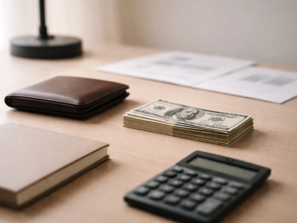 Leather wallet and neatly stacked cash on a desk with a calculator, minimal neutral lighting.