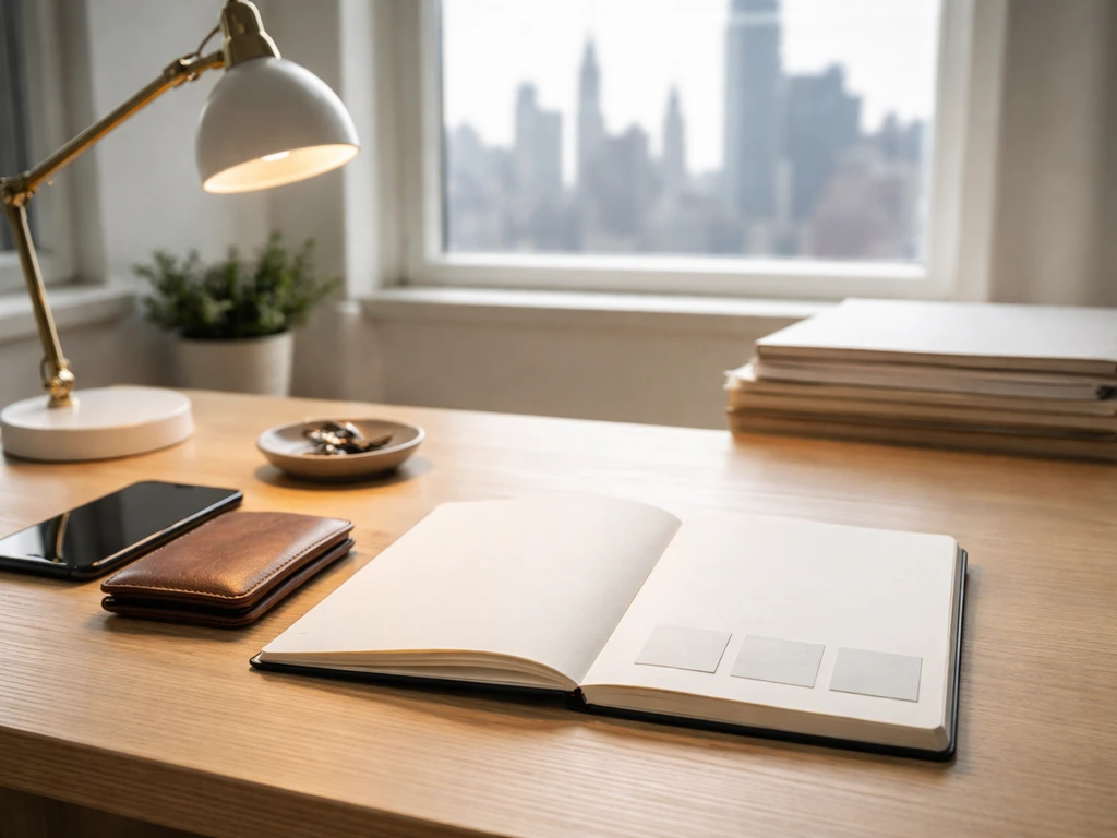 Minimal office desk with blank notebook, keys, wallet, and folders suggesting asset categories placeholders.