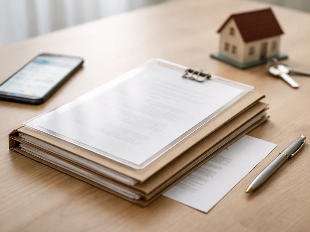 Unbranded mortgage paperwork and a key on a desk, symbolic of property loan liabilities verification.