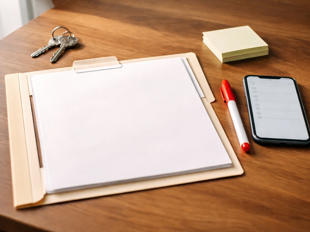 Minimal desk scene with an open folder, key, and a phone showing a checklist-like verification moment.