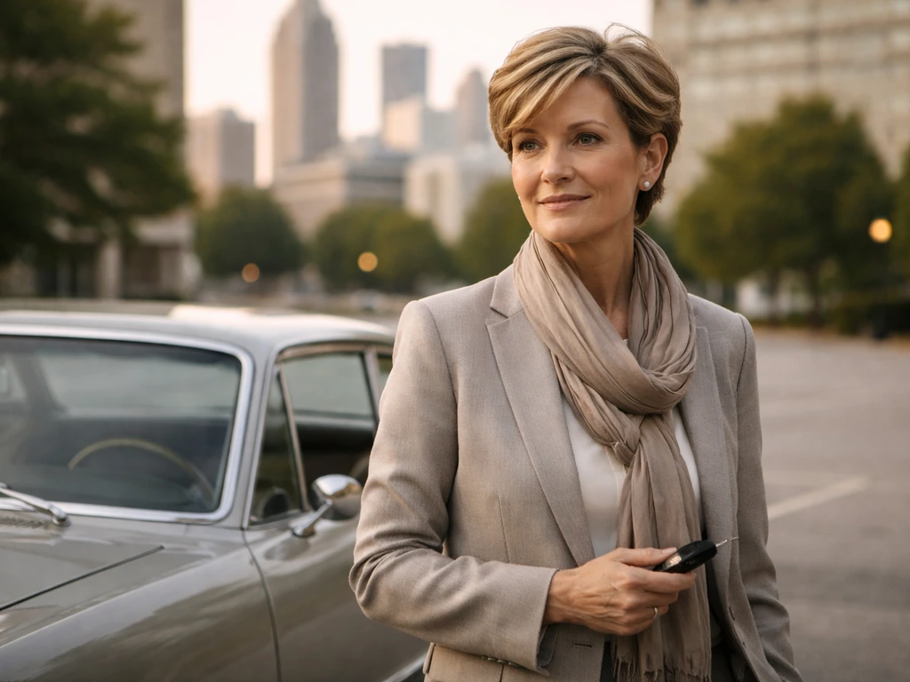 Woman in a blazer stands beside a classic car in an Atlanta-like parking lot, minimal archival feel.