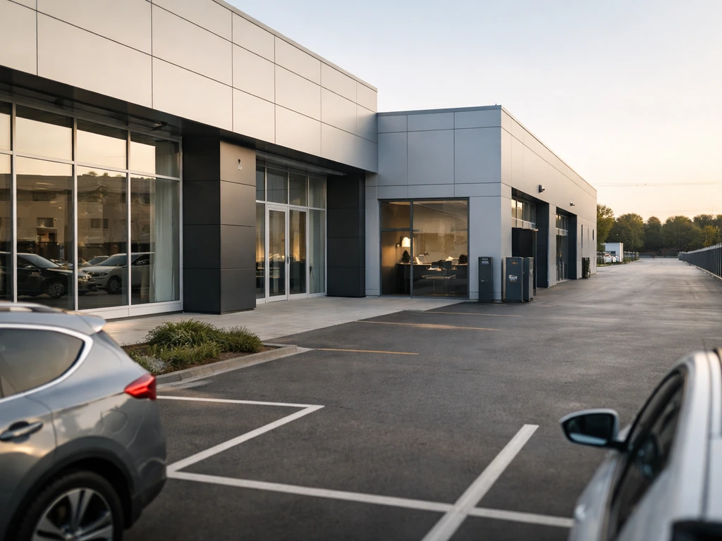 Quiet view of a multi-franchise car dealership storefront and service lot with a glimpse of an office window.