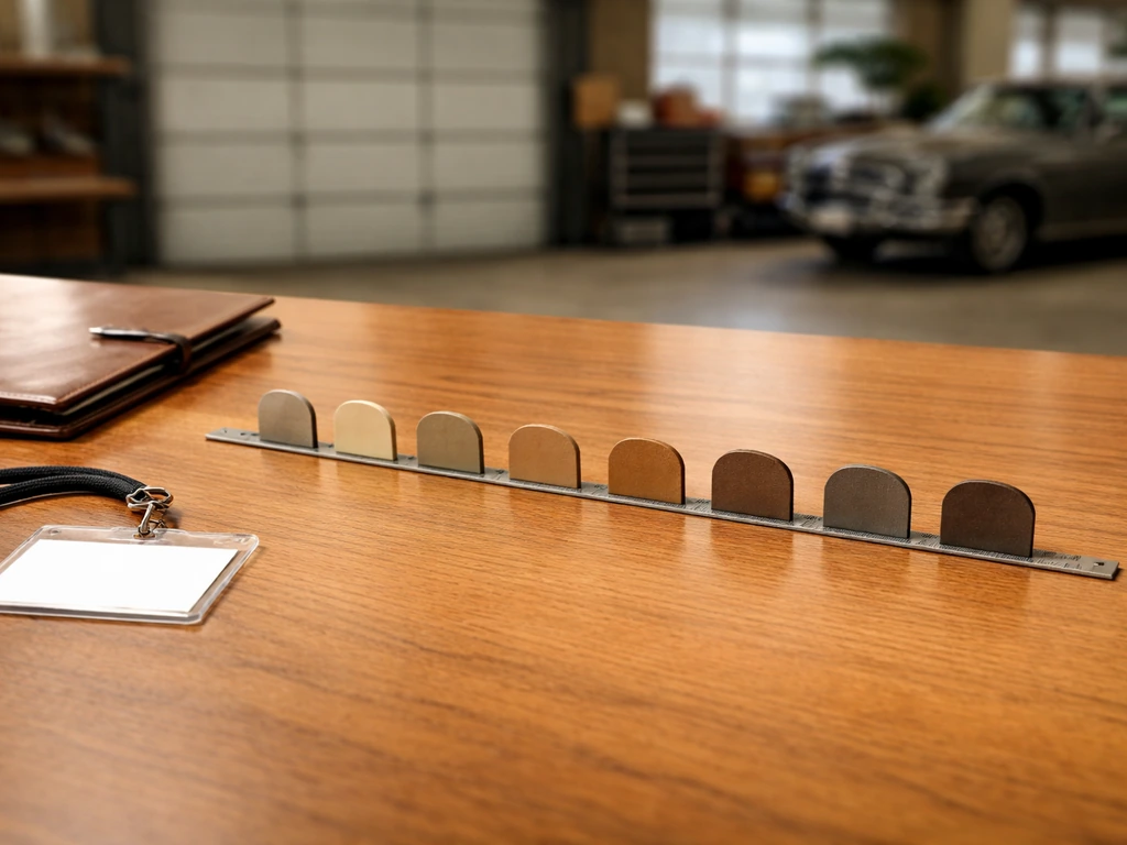 Minimal desk scene with blank time markers and automotive/office cues, implying a financial timeline progression.