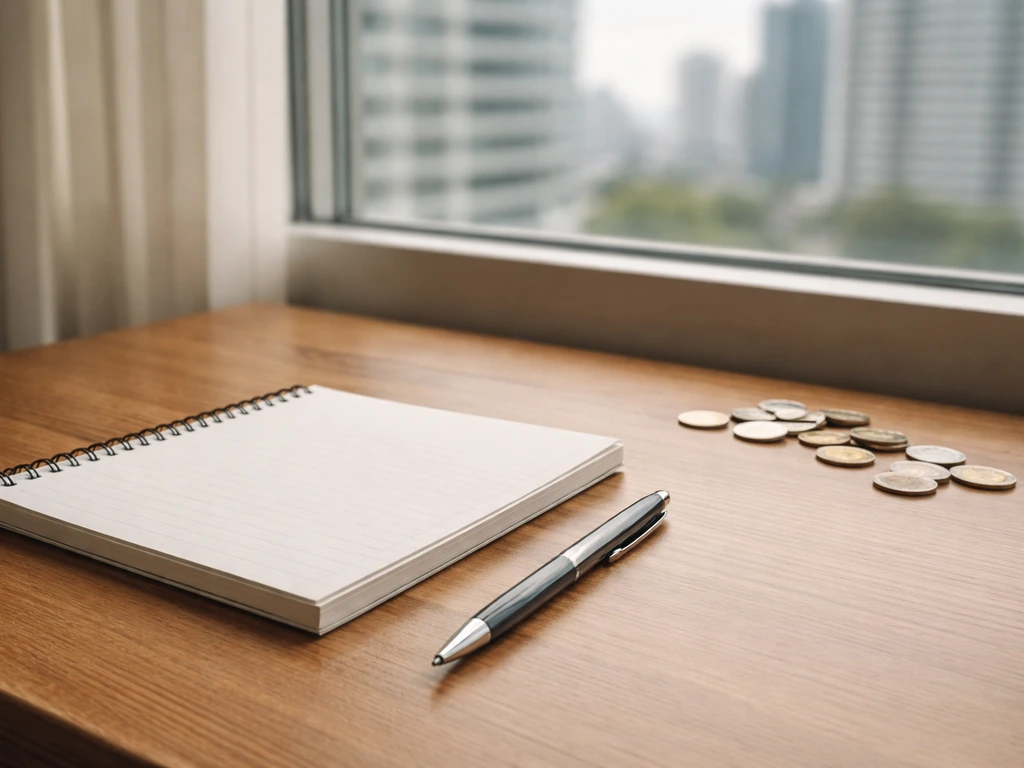 Minimal office desk with a blank notepad, a pen, and scattered coins symbolizing estimated net worth range.