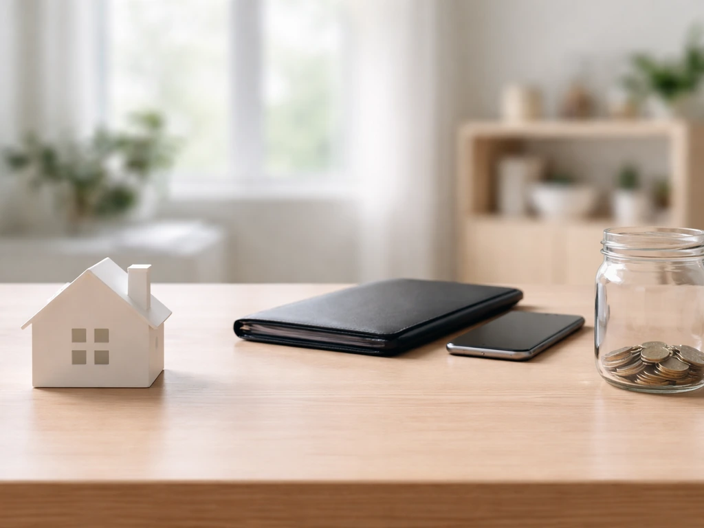 Small house model on a desk beside a black folder and smartphone, with a few coins in a glass jar.