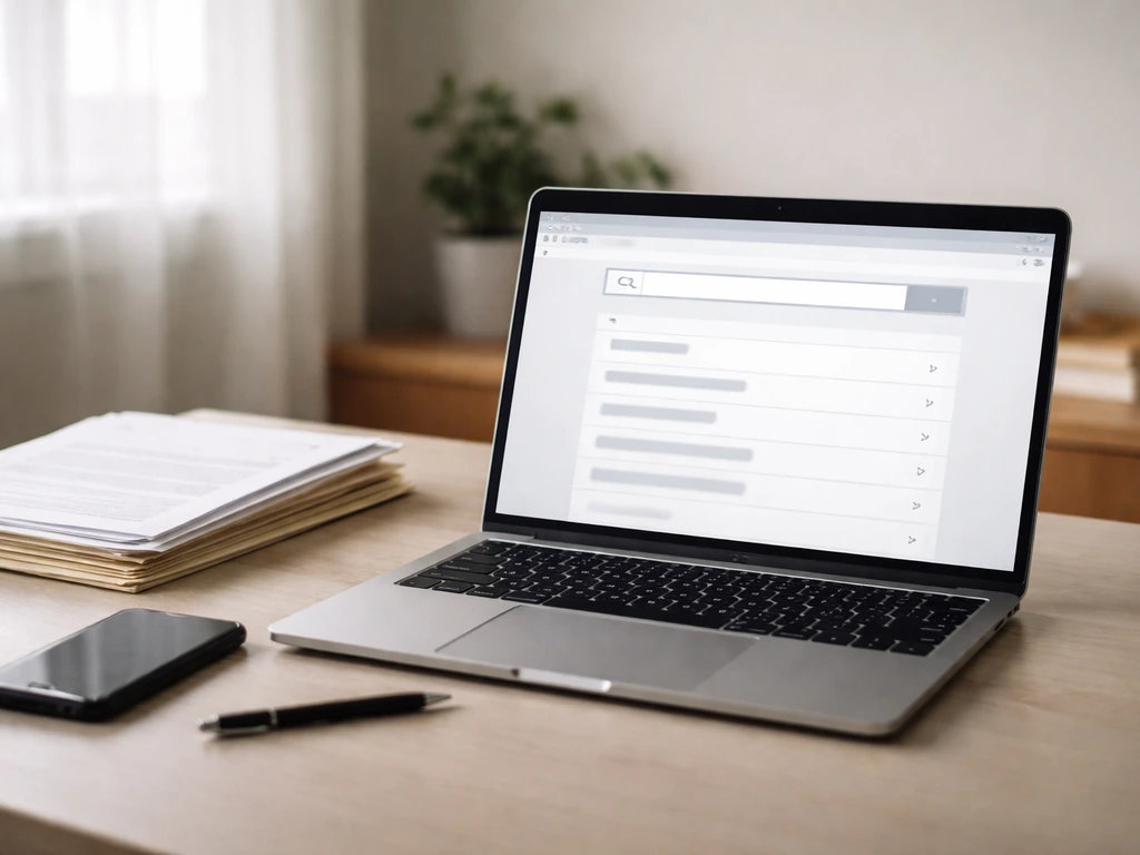 Close-up of a laptop showing a generic property-assessor search page beside printed records in a home office