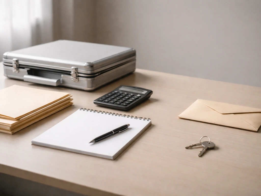 Close-up of a notepad and key items beside a calculator and folders, symbolizing private company assets minus liabilitie