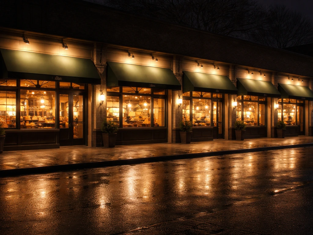 Multiple warmly lit Panera-style storefronts along one street, illustrating large portfolio scale.