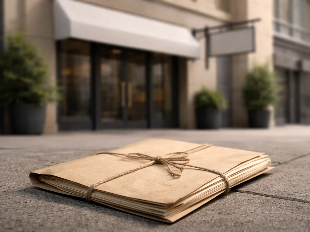 Close-up of a real estate deed folder and a building facade with a blank awning, symbolizing naming rights.