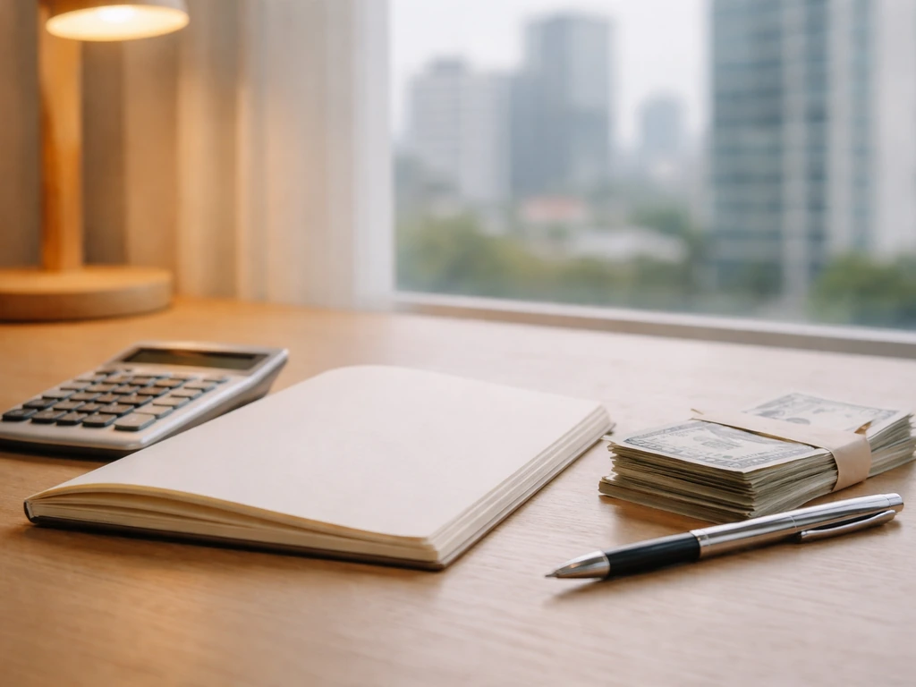 Minimal desk scene with calculator and cash, suggesting interpreting a net worth estimate range.