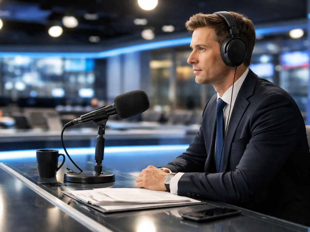 Anonymous news anchor at a TV studio desk with microphone and headset, softly blurred background lights.