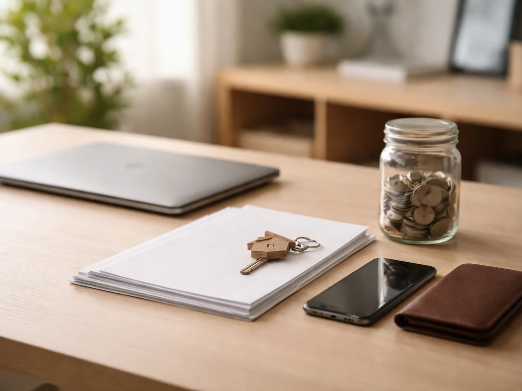 Home office desk with a house key, blank documents, wallet, coins jar, and smartphone symbolizing net worth assets